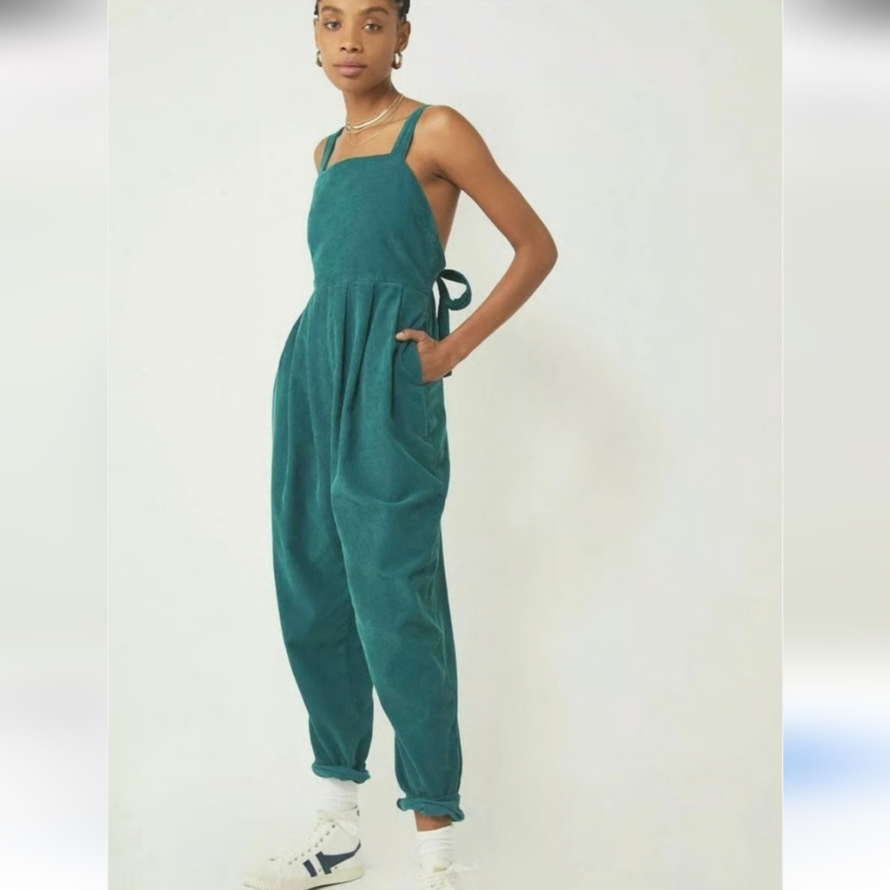 Free People Josephine Corduroy Jumpsuit Overalls Low Bow Back Tie Green
